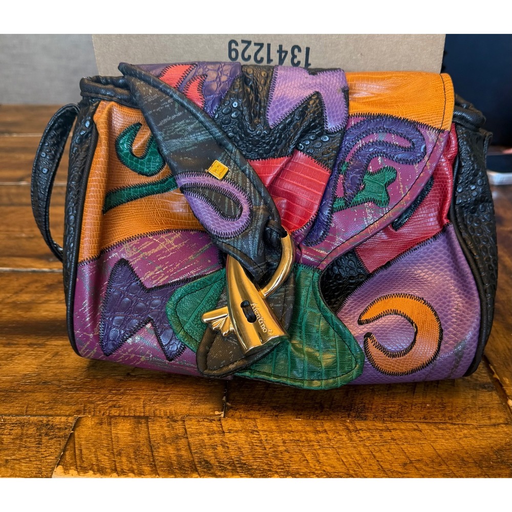 Vintage Alentino Patchwork Crossbody Bag Multicolor Faux Reptile Skin Retro